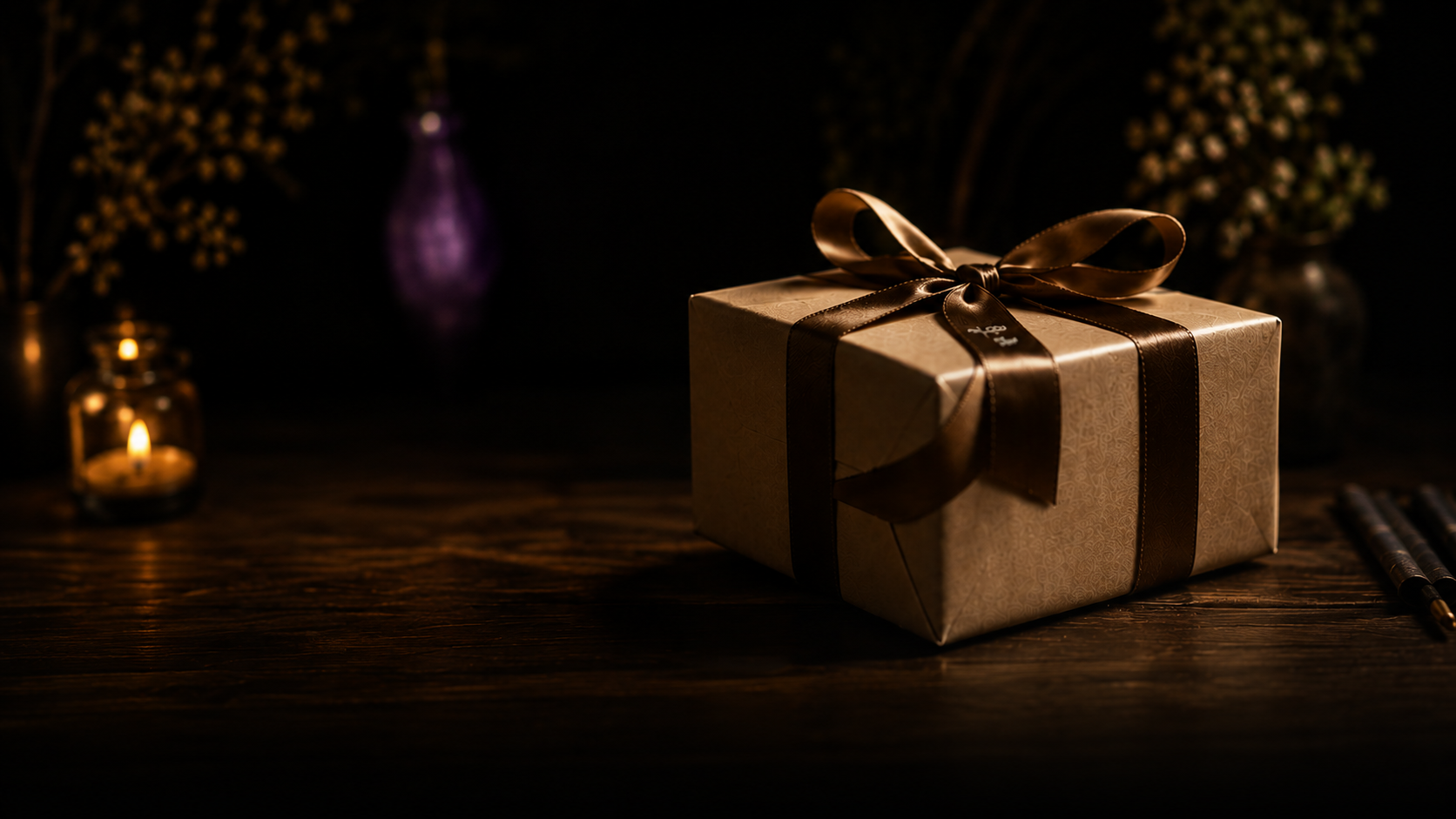 Edel verpacktes Firmengeschenk mit Schleife im warmen Licht